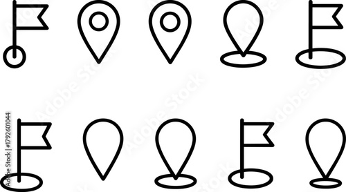 Location and navigation icons set. Map pin, route, destination, global positioning. Outline vector illustrations