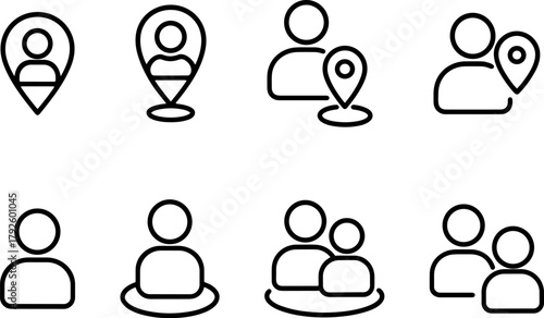 Location and navigation icons set. Map pin, route, destination, global positioning. Outline vector illustrations