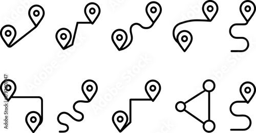 Location and navigation icons set. Map pin, route, destination, global positioning. Outline vector illustrations