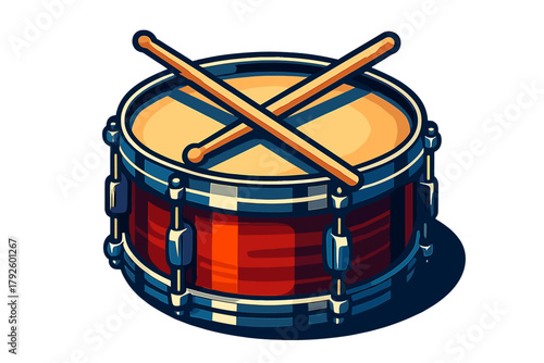 Vibrant graphic depiction of a snare drum and crossed drumsticks in a bold stylized design