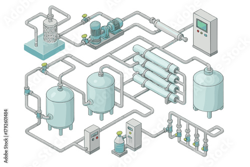 Isometric layout of complex industrial water purification system with storage tanks and membrane filtration units