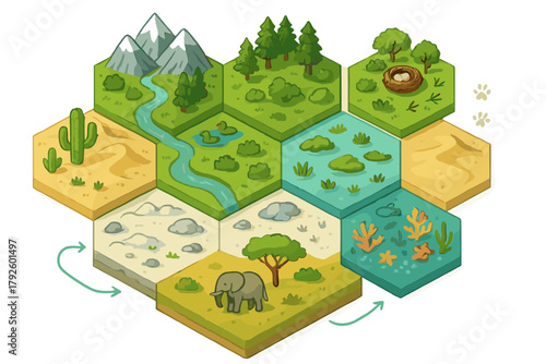 Isometric hexagonal tiles displaying various natural ecosystems and animal habitats