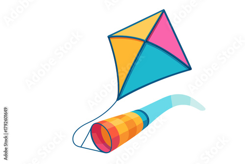 Colorful diamond kite flying high with a long striped tail on a clear day