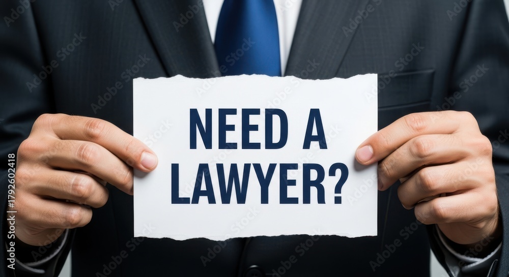 Obraz premium Professional holding a sign asking need a lawyer in a suit