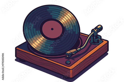 Papier peint Isometric view of a retro turntable playing a large vinyl album disc in warm col