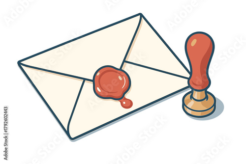 Vintage envelope sealed with red wax beside a wooden handle sealing stamp