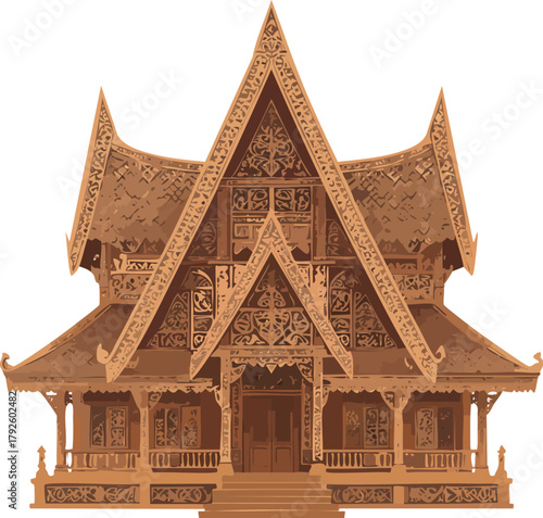 An intricately carved wooden building with a steep, multi-tiered roof and ornate decorative elements, showcasing traditional craftsmanship.