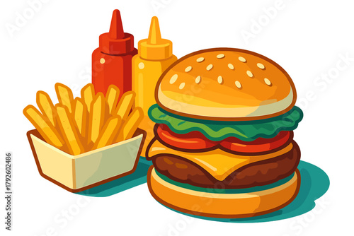 Classic fast food meal featuring a juicy cheeseburger, crispy french fries, and essential condiments