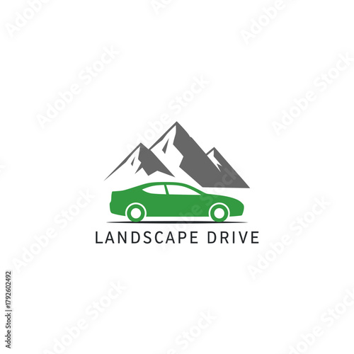 Mountain Landscape and Green Car Drive Logo
