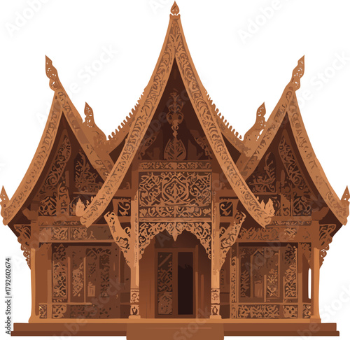 An intricately carved wooden building with ornate details and multiple tiered roofs, showcasing traditional craftsmanship.