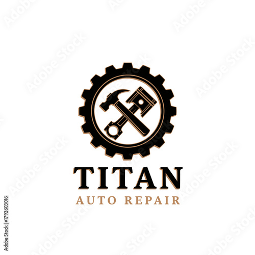 Vintage Auto Repair Garage Piston and Hammer Logo