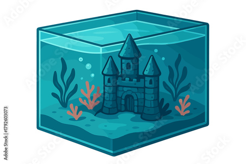 Small stone castle decoration inside a glass aquarium tank with aquatic plants and bubbles