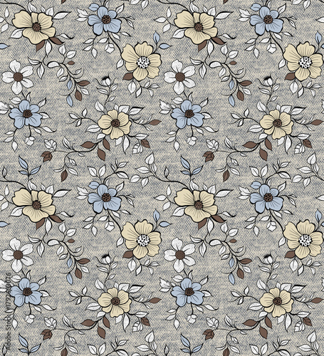 Vintage Floral Seamless Pattern with Linen Texture Background