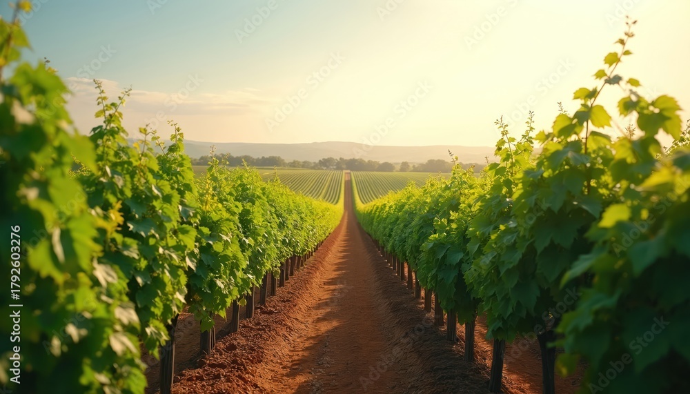 Fototapeta premium Illustration of vineyard rows stretching to horizon. Green grapevines grow in a cultivated field. Wine grapes cultivation concept. Agricultural landscape background with sunlight and sky.