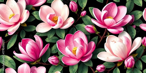 Elegant magnolia blossom pattern, repeating design featuring pink and white blooms, floral, repeat