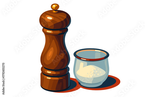 Classic wooden pepper grinder and glass salt shaker set for kitchen seasoning