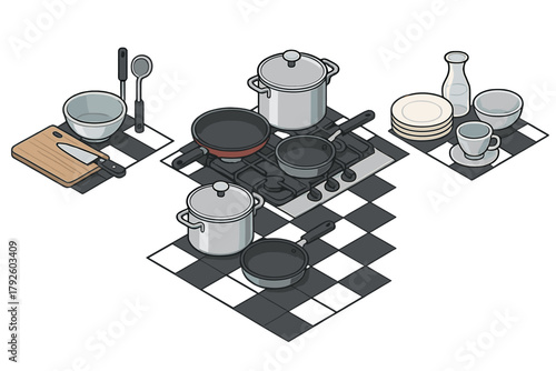 Isometric kitchen cooking utensils and tableware set on a checkered floor