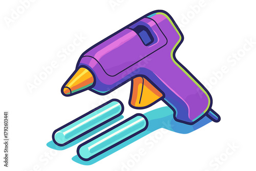 Vibrant purple hot glue gun and two light blue adhesive sticks for creative hobbies