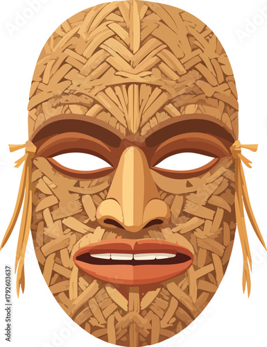 An intricately woven tribal mask with a textured surface, featuring a prominent nose and open mouth.
