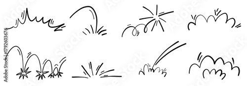 Line art comic doodle explosion burst vector illustration. Motion splash pop impact hand drawn element set. Water gas effects.