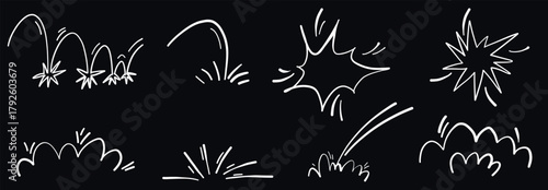 Line art comic doodle explosion burst vector illustration. Motion splash pop impact hand drawn element set. Water gas effects.