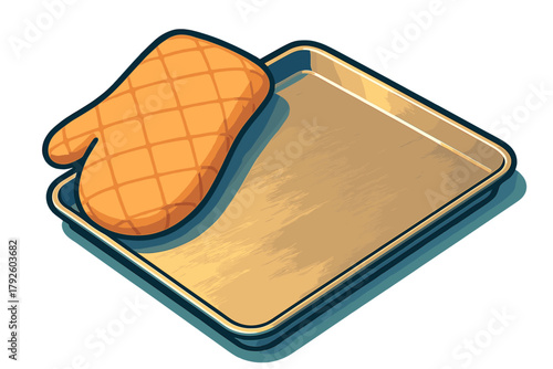 Isometric view of a golden baking pan and an orange protective oven glove