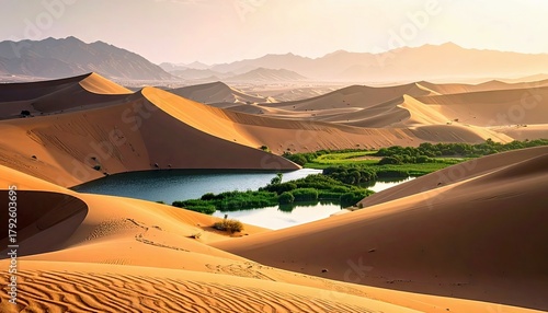 Fototapeta Naklejka Na Ścianę i Meble -  A beautiful desert landscape featuring a vibrant green oasis with a calm lake, nestled amidst vast, undulating sand dunes.