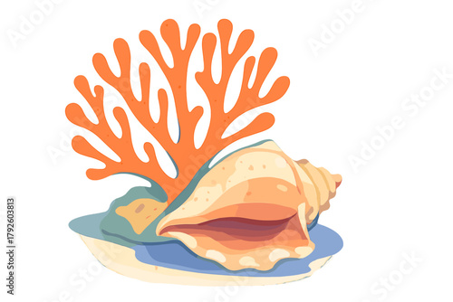 Tropical conch shell and vibrant orange sea coral resting on the ocean floor