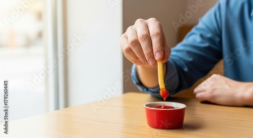 Man dipping French fry into ketchup sauce at wooden table  