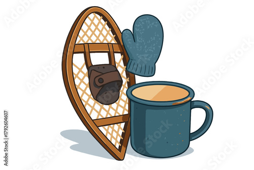 Traditional snowshoe, warm blue knitted mitten, and steaming enamel mug for winter