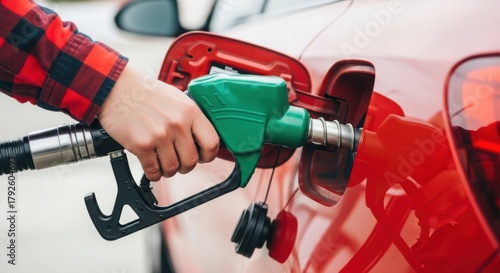 Hand refueling a red car with a green gas pump nozzle at a station