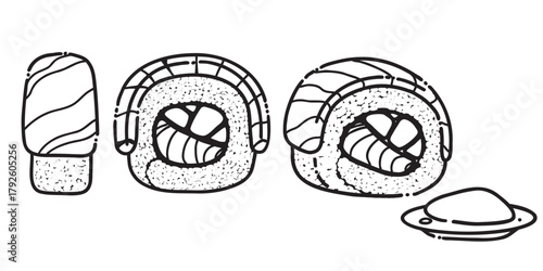 Black and white vector illustration of salmon sushi rolls — side, front, and isometric views of Japanese maki roll with tuna and vegetables