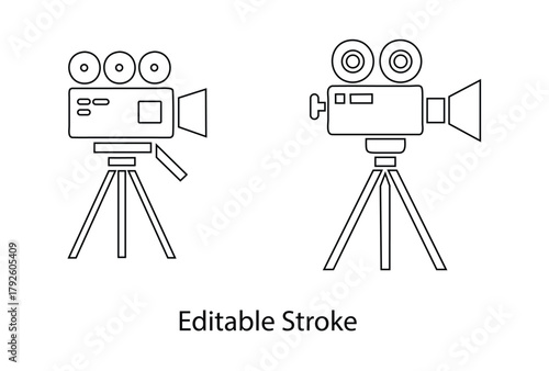 Video Camera icon editable stroke vector set, camera tripod, movie camera line icon vector illustration