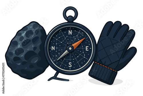 Dark space rock, navigational compass showing constellations, and warm winter glove