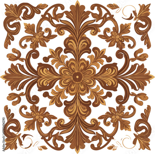 Intricate brown wood carving featuring floral and acanthus leaf motifs in a symmetrical square pattern.