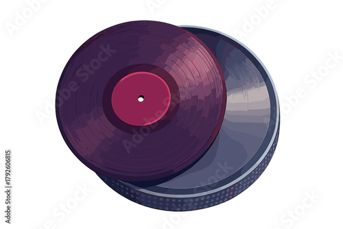 Stylized purple vinyl record spinning on a dark gray turntable platter isolated on white