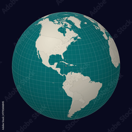 Jamaica on the map. Globe centered to Jamaica. Country location on the world map. Teal Pale Mint color palette. Globe with countries, meridians and parallels. Captivating vector illustration.
