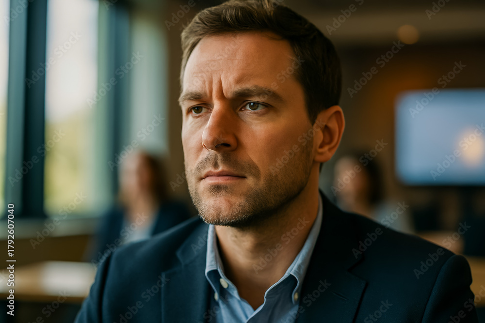 Obraz premium Serious man in suit focused during meeting in office setting