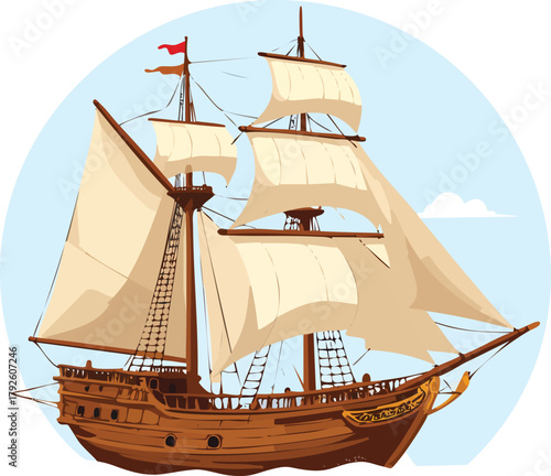 A majestic wooden sailing ship with billowing white sails navigates the clear blue sky.