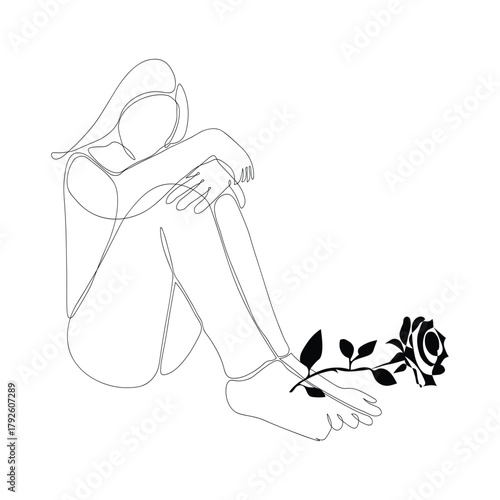 Minimalist continuous one line art female figure and black silhouette rose illustrating quiet sadness