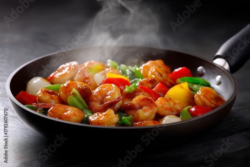 Overhead shot of shrimp stir fry in a pan with colorful vegetables, showcasing vibrant textures and steam, perfect for culinary enthusiasts and food photography lovers