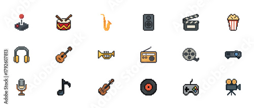 Collection of pixel art icons: entertainment and music elements in 8-bit style