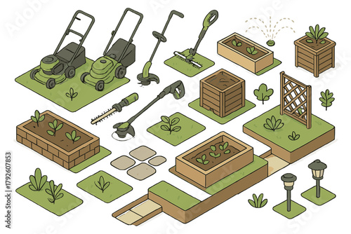 Home gardening and lawn maintenance equipment set including tools, raised beds, and plants