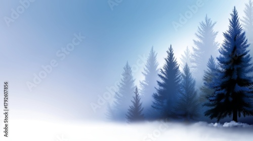 Snowy forest scene featuring stylized fir trees under soft light, creating a serene atmosphere with gentle hues and a tranquil ambiance, perfect for winter-themed designs and backgrounds