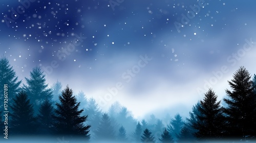 Snowy landscape illustration featuring forest silhouettes under a starry sky, creating a serene winter atmosphere with soft blue tones and gentle snowfall, perfect for seasonal themes