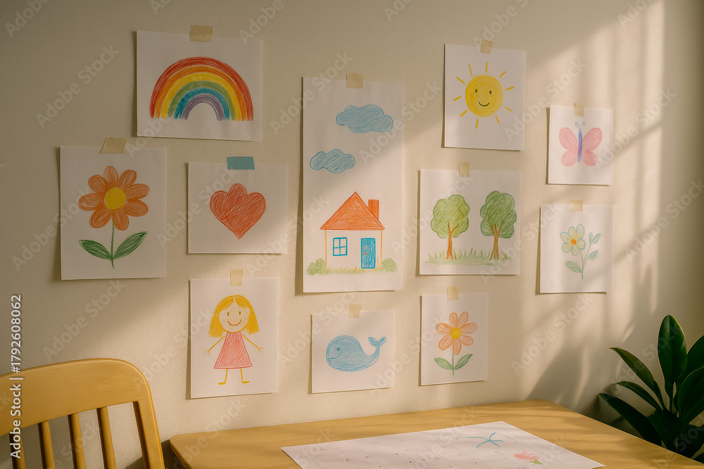Obraz premium Colorful children's drawings displayed on wall in cozy room