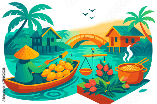 Traditional floating market in Southeast Asia with vendor selling mangoes from a small boat near stilt houses