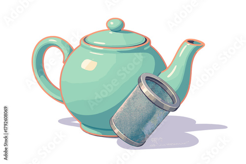 Stylized teal teapot with orange trim and a separate metal tea infuser strainer on white background