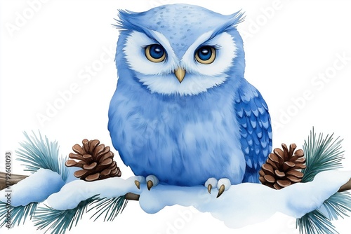 Watercolor illustration of an isolated owl perched on a snowy branch adorned with pinecones, showcasing a serene winter scene with delicate details and soft colors