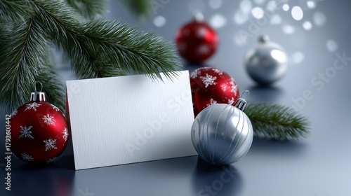 Glowing Christmas ornaments in red and silver colors with pine branches and a blank card, creating a festive atmosphere for holiday celebrations and seasonal greetings